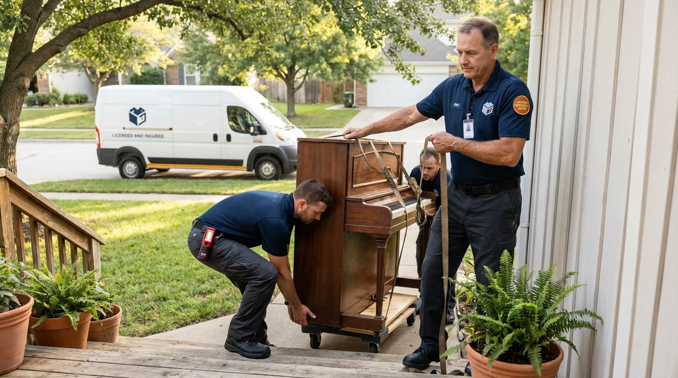 Licensed piano movers securing grand piano in Horicon, WI
