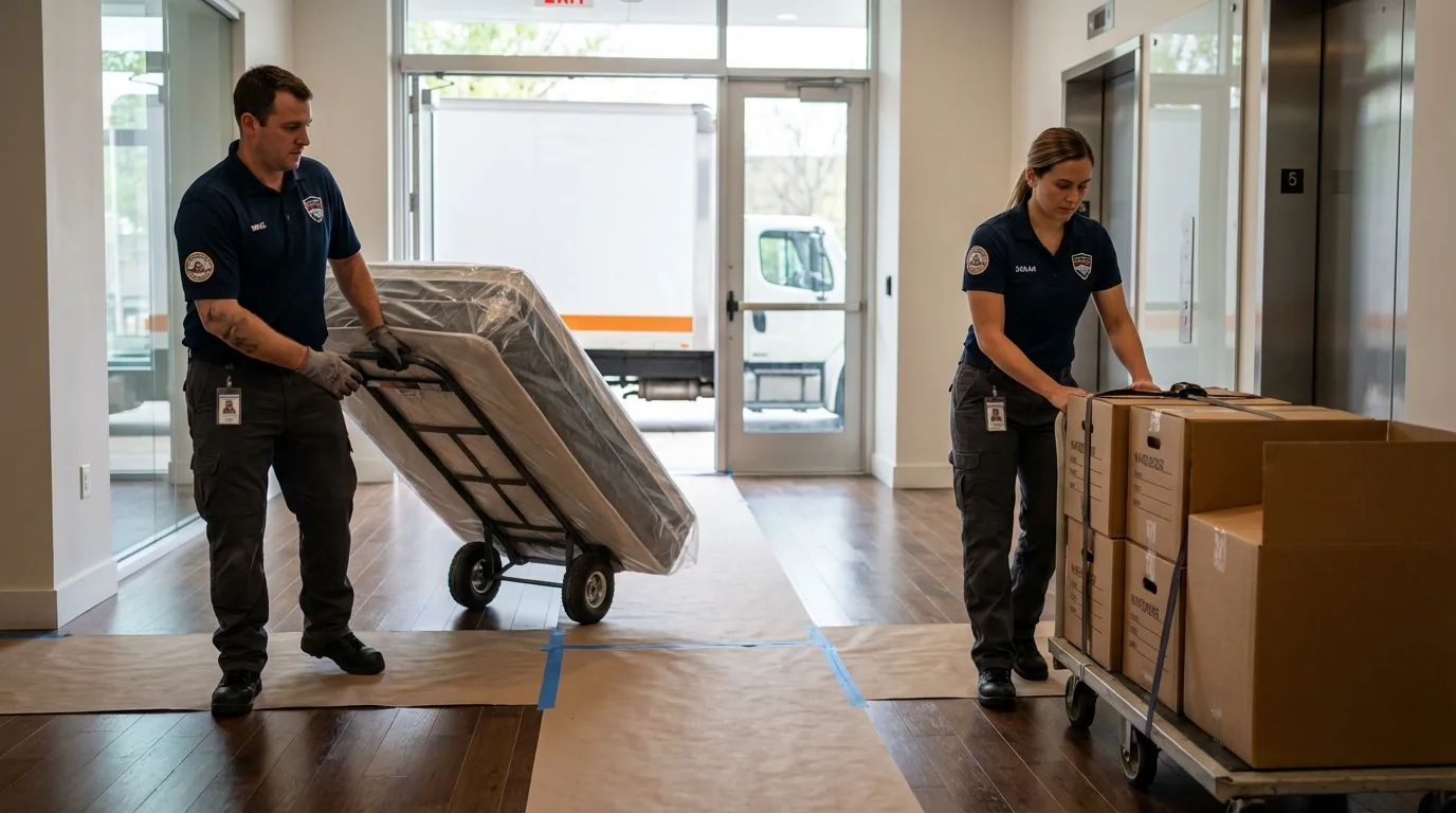 Professional apartment movers loading elevator in Horicon, WI