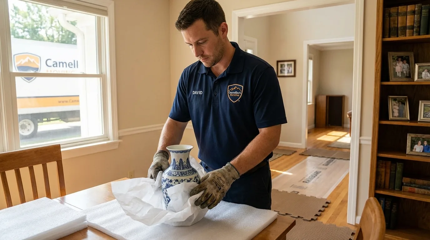 Professional crew carefully wrapping antique vase for senior downsizing move in Horicon, WI